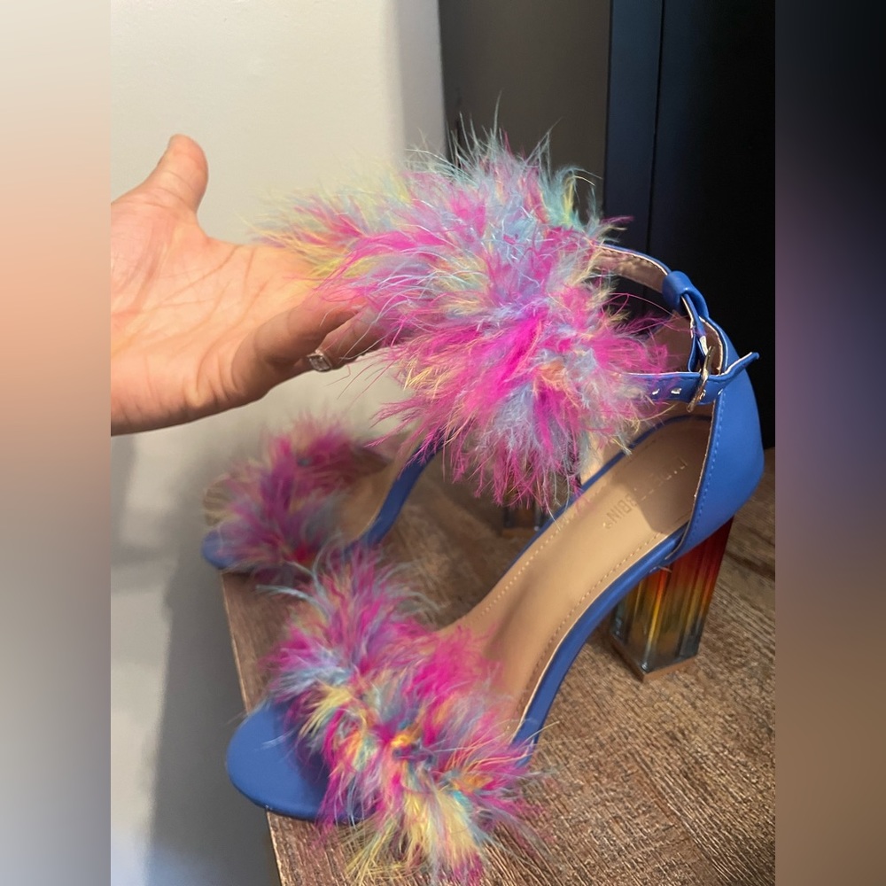 Blue heels with colorful fuzzy strap